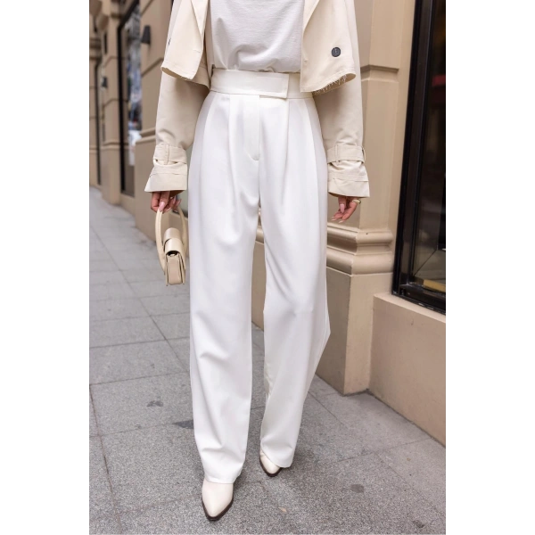 Kadın Ekru Beli Cırtcırtlı Pens Dikişli Palazzo Pantolon