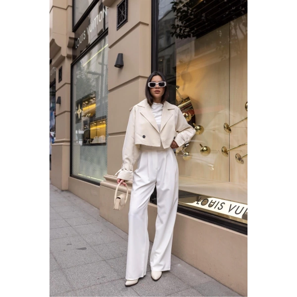 Kadın Ekru Beli Cırtcırtlı Pens Dikişli Palazzo Pantolon