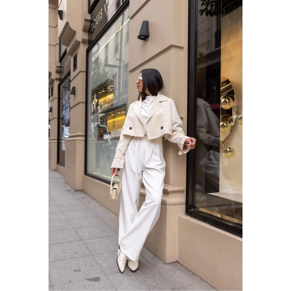 Kadın Ekru Beli Cırtcırtlı Pens Dikişli Palazzo Pantolon