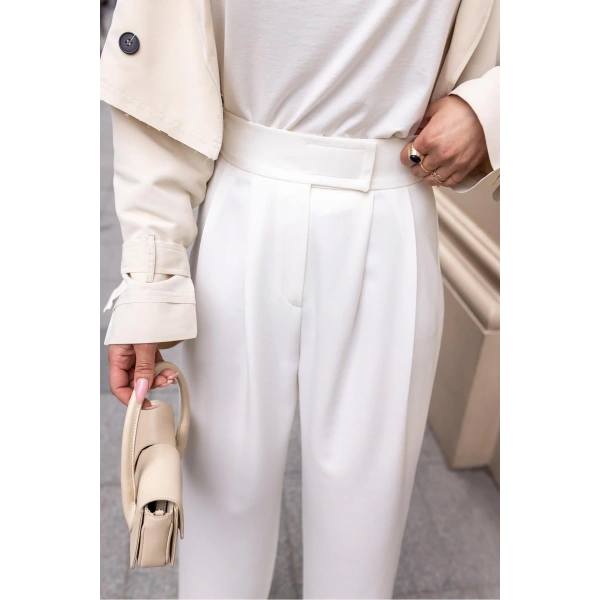 Kadın Ekru Beli Cırtcırtlı Pens Dikişli Palazzo Pantolon