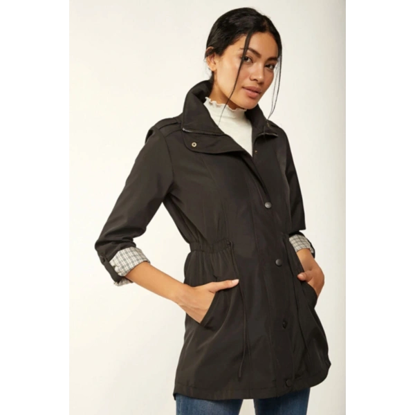 Kadın Siyah Belden Lastikli Trençkot