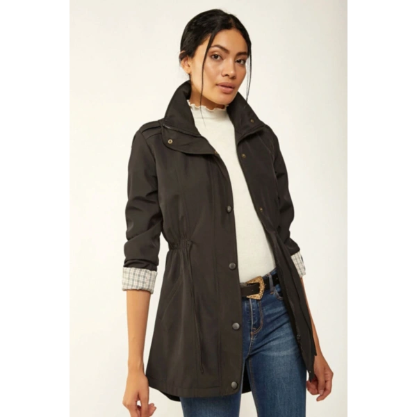 Kadın Siyah Belden Lastikli Trençkot