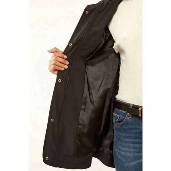 Kadın Siyah Belden Lastikli Trençkot