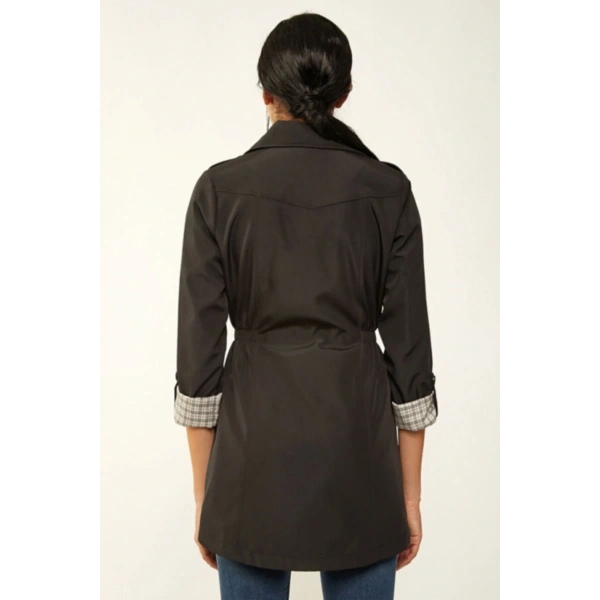 Kadın Siyah Belden Lastikli Trençkot