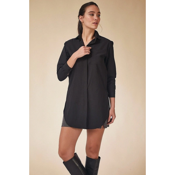 Kadın Siyah Oversize Cepli Gömlek