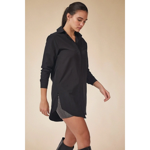 Kadın Siyah Oversize Cepli Gömlek