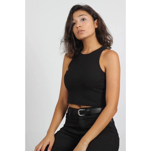 Kadın Siyah Halter Yaka Crop Bluz