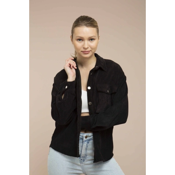 Kadın Siyah Kadife Hafif Oversize Gömlek