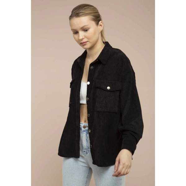 Kadın Siyah Kadife Hafif Oversize Gömlek