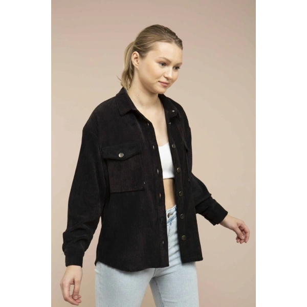 Kadın Siyah Kadife Hafif Oversize Gömlek