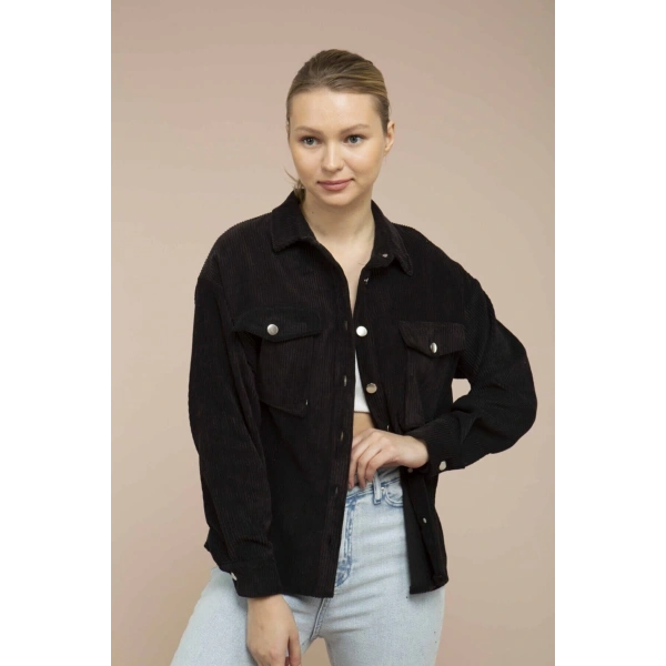 Kadın Siyah Kadife Hafif Oversize Gömlek