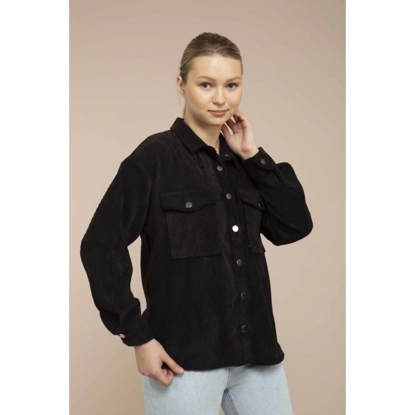 Kadın Siyah Kadife Hafif Oversize Gömlek
