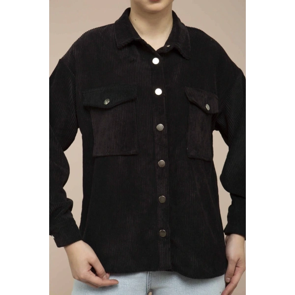 Kadın Siyah Kadife Hafif Oversize Gömlek
