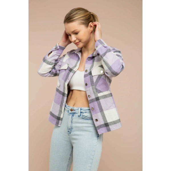 Kadın Lila Ekoseli Cepli Oduncu Gömlek