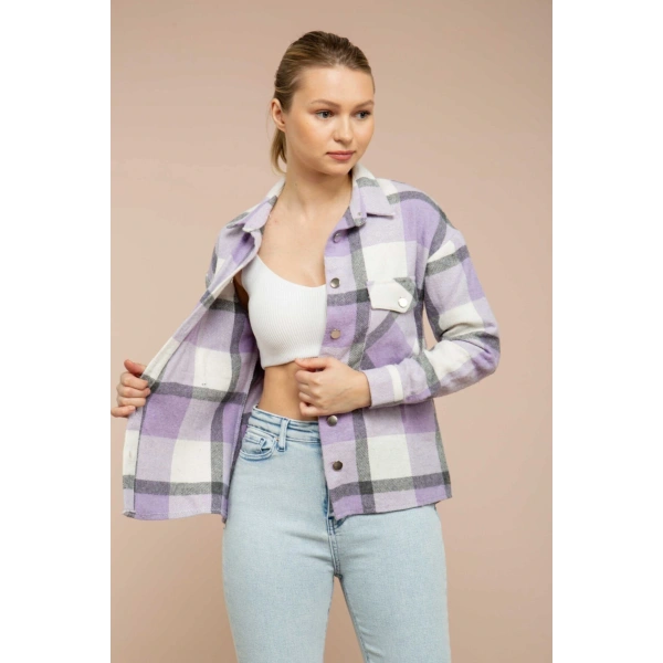 Kadın Lila Ekoseli Cepli Oduncu Gömlek