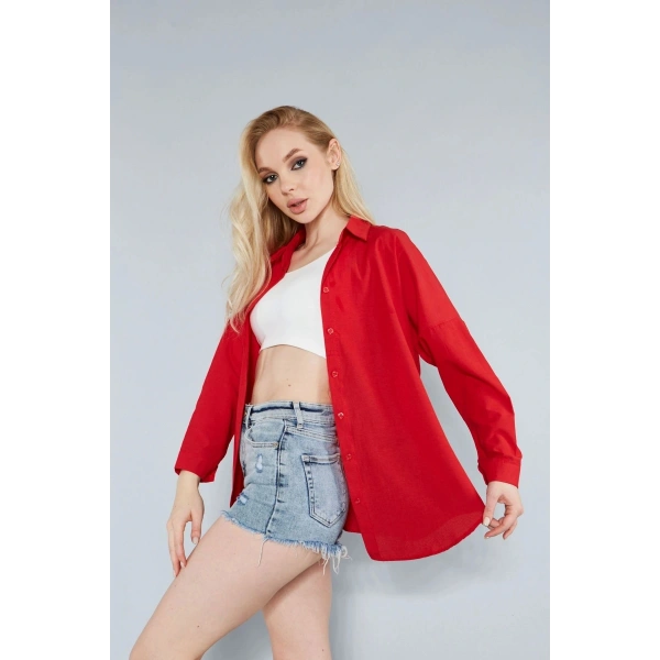 Kadın Kırmızı Oversize Uzun Basic Gömlek