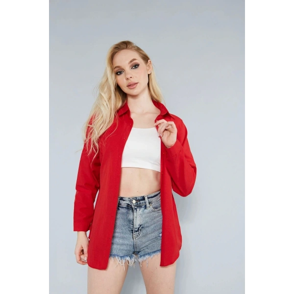 Kadın Kırmızı Oversize Uzun Basic Gömlek