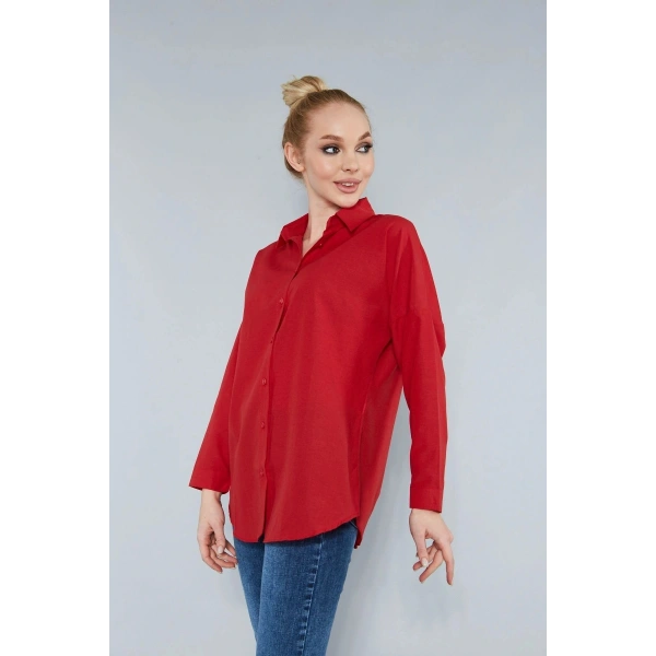 Kadın Kırmızı Oversize Uzun Basic Gömlek