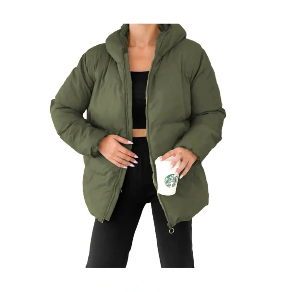 Kadın Haki Kapüşonlu Şişme Mont
