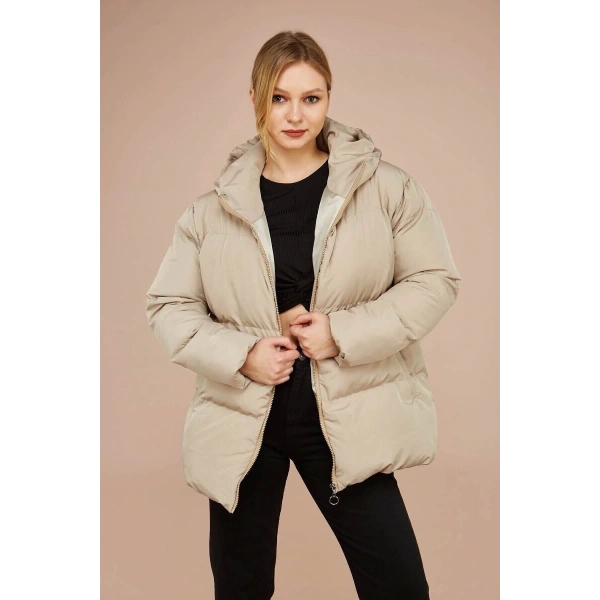 Kadın Krem Kapüşonlu Şişme Mont
