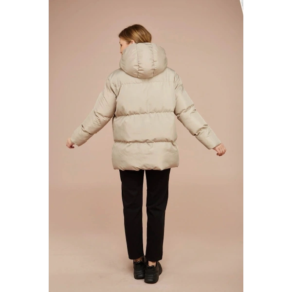 Kadın Krem Kapüşonlu Şişme Mont