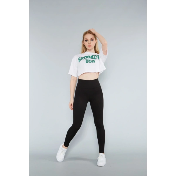 Kadın Siyah Fitilli Tayt Dikişsiz Toparlayıcı Yüksek Bel