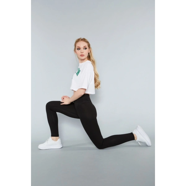 Kadın Siyah Fitilli Tayt Dikişsiz Toparlayıcı Yüksek Bel