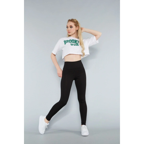 Kadın Siyah Fitilli Tayt Dikişsiz Toparlayıcı Yüksek Bel