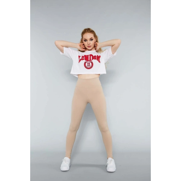 Kadın Krem Yüksek Bel Fitilli Toparlayıcı Dikişsiz Örme Tayt