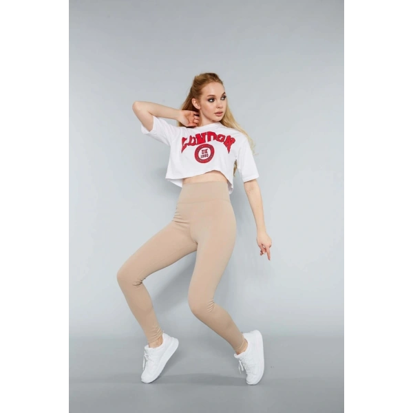 Kadın Krem Yüksek Bel Fitilli Toparlayıcı Dikişsiz Örme Tayt