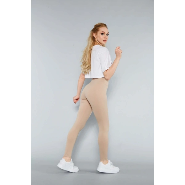 Kadın Krem Yüksek Bel Fitilli Toparlayıcı Dikişsiz Örme Tayt