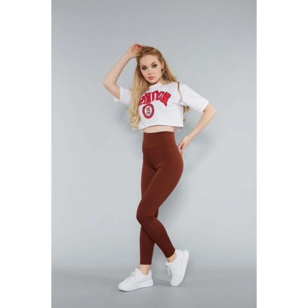 Kadın Kahverengi Yüksek Bel Fitilli Toparlayıcı Dikişsiz Örme Tayt