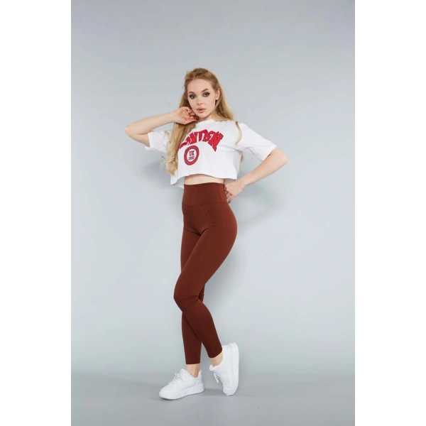 Kadın Kahverengi Yüksek Bel Fitilli Toparlayıcı Dikişsiz Örme Tayt