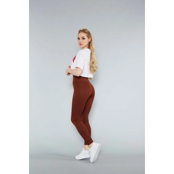 Kadın Kahverengi Yüksek Bel Fitilli Toparlayıcı Dikişsiz Örme Tayt