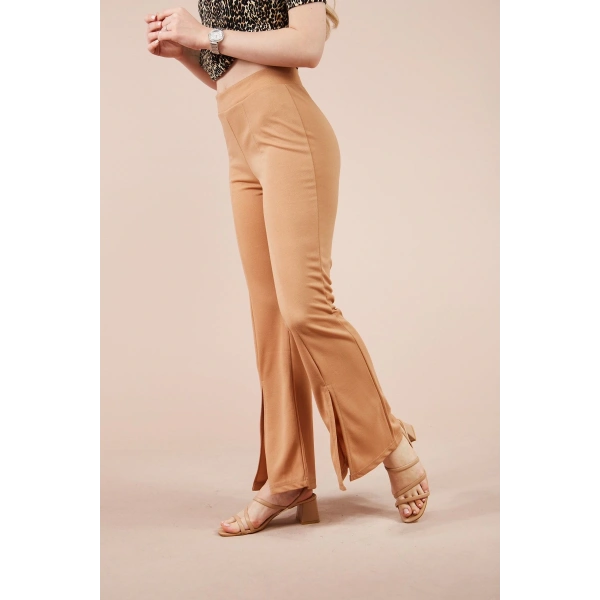 Kadın Kahve Paçası Yırtmaçlı Ispanyol Tayt Pantolon