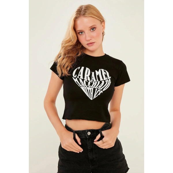 Kadın Siyah Örme Crop Bluz