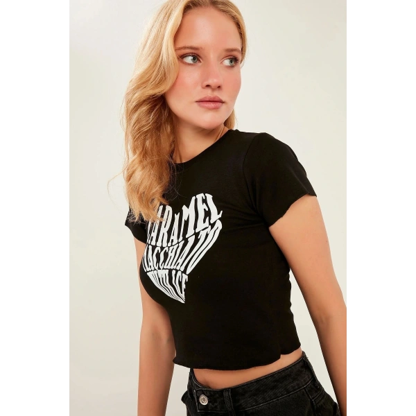 Kadın Siyah Örme Crop Bluz