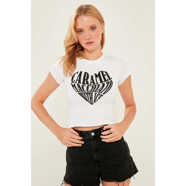 Kadın Beyaz Örme Crop Bluz