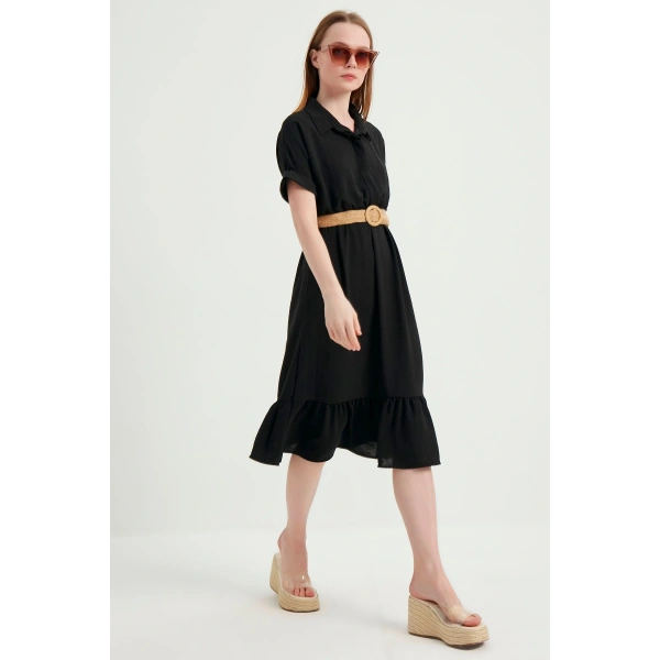 Kadın Siyah Kemerli Ayrobin Elbise