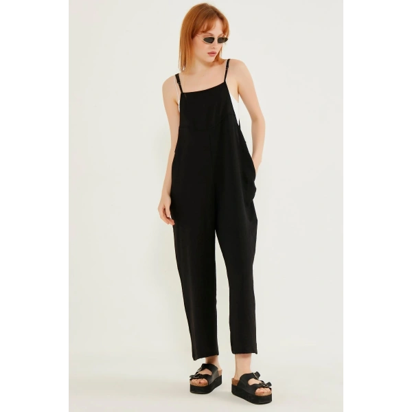 Kadın Siyah Askılı Bol Kesim Atletli Tulum