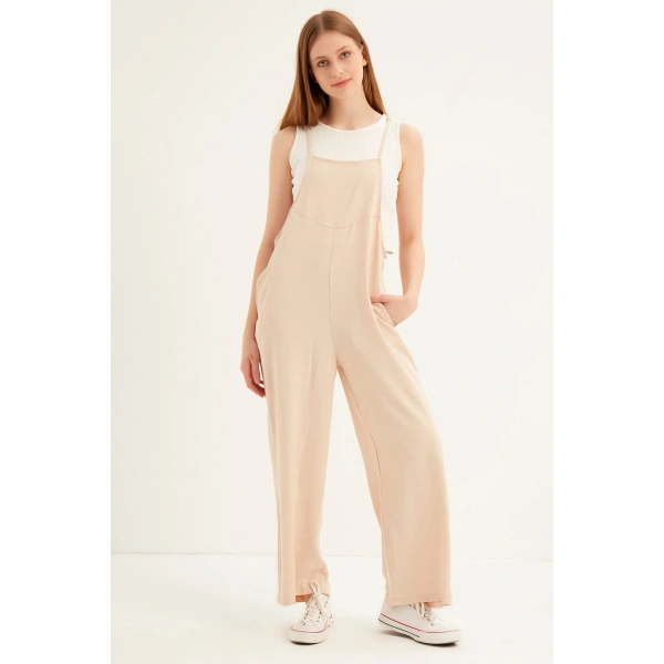 Kadın Krem Askılı Bol Kesim Atletli Tulum