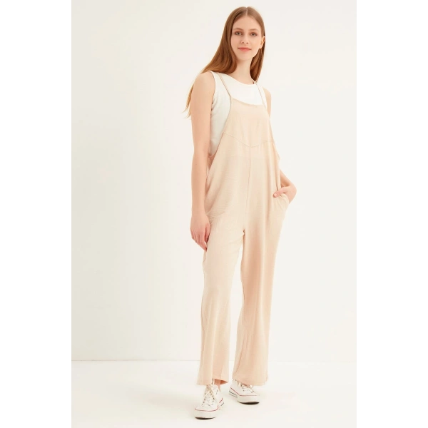 Kadın Krem Askılı Bol Kesim Atletli Tulum