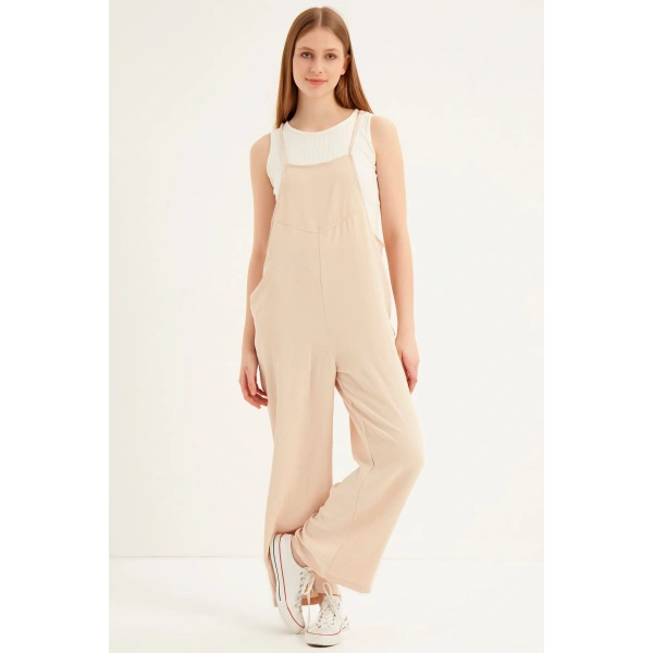 Kadın Krem Askılı Bol Kesim Atletli Tulum