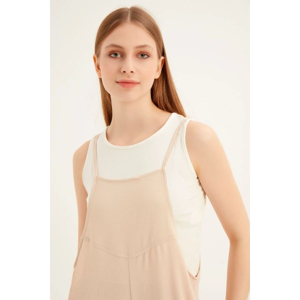 Kadın Krem Askılı Bol Kesim Atletli Tulum