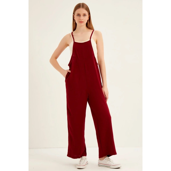 Kadın Bordo Askılı Bol Kesim Atletli Tulum