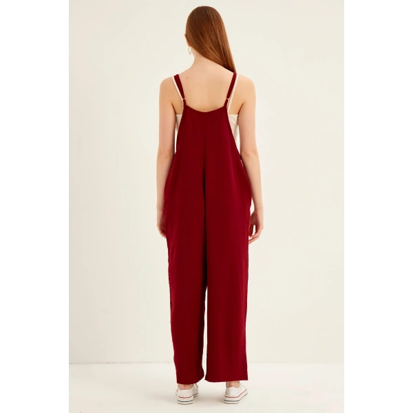 Kadın Bordo Askılı Bol Kesim Atletli Tulum