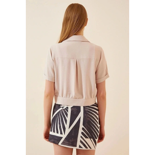 Kadın Krem Cepli Kısa Kollu Yazlık Keten Viskon Ceket