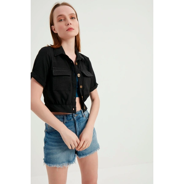 Kadın Siyah Cepli Kısa Kollu Yazlık Keten Viskon Ceket