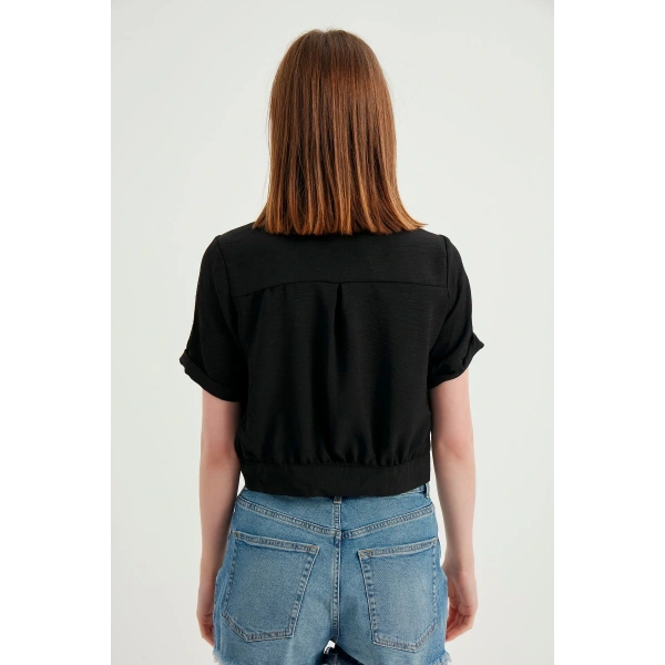 Kadın Siyah Cepli Kısa Kollu Yazlık Keten Viskon Ceket