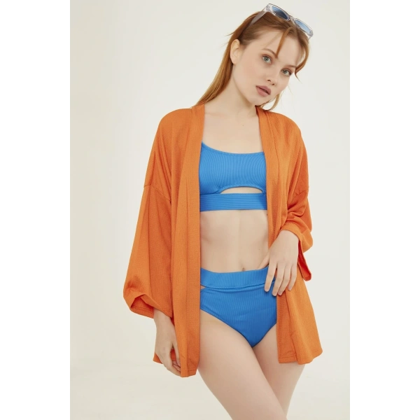 Kadın Oranj Katlı Yaka Boyfriend Örme Ceket